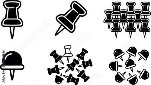 Black push pin icons collection with different styles and arrangements
