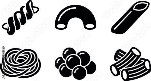 Black and white pasta shapes icon set including fusilli elbow macaroni spaghetti meatball rigatoni
