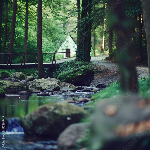 House in the Forest with River and Rocky Landscape
