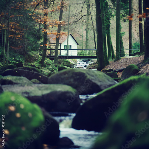 House in the Forest with River and Rocky Landscape