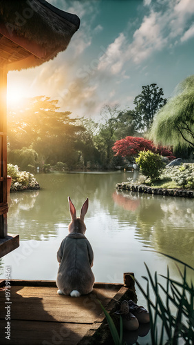 Rabbit on the Fantastic Lake Garden in Sunlight