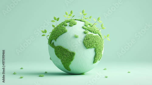 Small green Earth globe with sprouting leaves in 3D style
