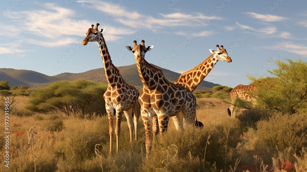 Fototapeta premium Three Tall Giraffes Standing Close Together in Sunlit African Savannah Grassland