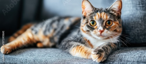 Adorable Calico Cat Relaxing on a Sofa.