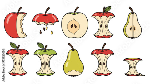 Apple Pear Core Leftover Food Waste Vector Icon Set for Healthy Eating & Recycling Design
