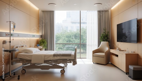Modern luxury hospital room interior with medical bed iv stand and large window for healthcare
