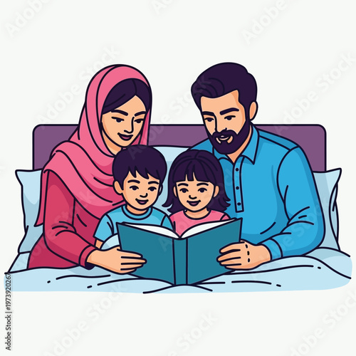 Muslim family reading book together in bed at night illustration