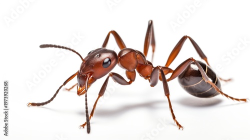 Two red ants interacting closely on a white studio background