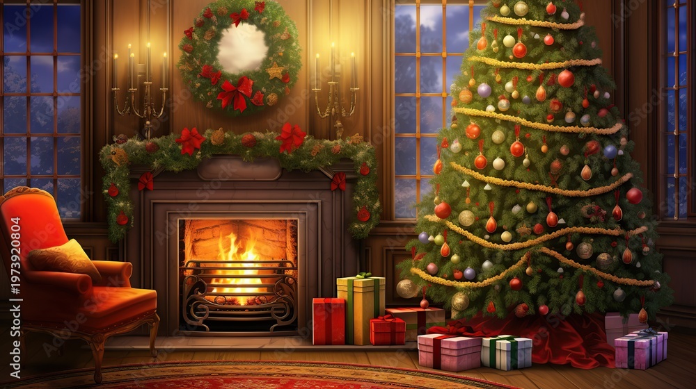 Fototapeta premium Warm Winter Wonderland Living Room Decorated for Christmas with Fireplace and Tree