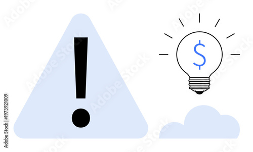 Financial planning, risk awareness, creative solutions, savings, economy, investment strategies. Exclamation mark in a triangle and light bulb with dollar sign. Financial planning and risk awareness