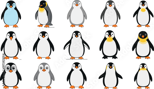 Cute Cartoon Penguin Characters Vector Set with Different Poses Expressions and Styles Arctic Animal Collection Isolated on White Background