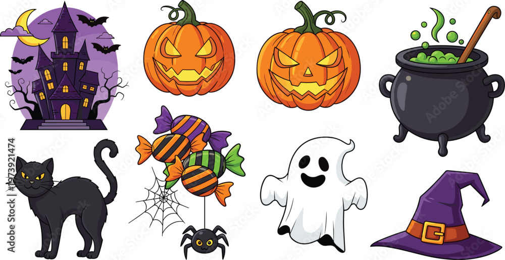 Obraz premium Halloween Themed Vector Icons Set with Pumpkins, Ghost, Witch Hat, Candy, and Haunted House for Digital Media and Websites