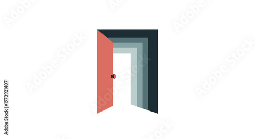 An open coral colored door with layered blue and grey interiors leading into darkness, symbolizing opportunity.