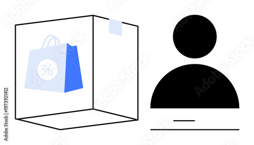 E-commerce, discounts, online shopping, user accounts, customer identity, retail services. A shopping bag with a percentage sign and user profile icon. E-commerce and discounts concept