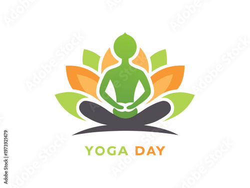 Buddhist figure meditating on a colorful lotus flower for international yoga day celebration.