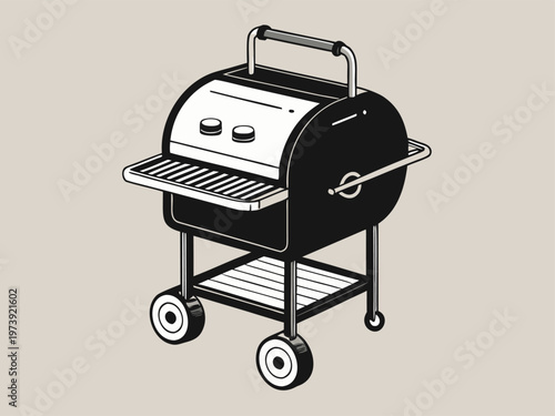 Portable charcoal grill with four wheels and side shelves for outdoor cooking