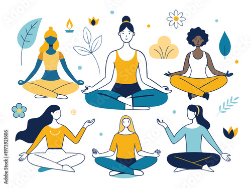 Diverse group of people practicing meditation in serene settings