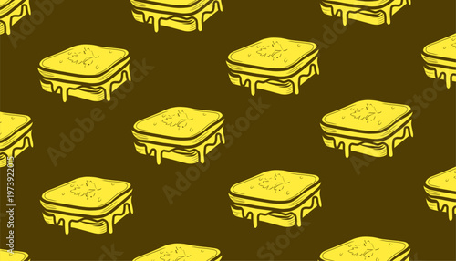 Sandwich Seamless Pattern Design. Grilled Food Illustration Style. Layered Bread Filling Motif. Handdrawn Fast Food Pattern. Background For Packaging Textile.