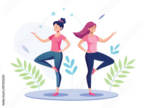 Two women practicing yoga in a balanced tree pose together outdoors