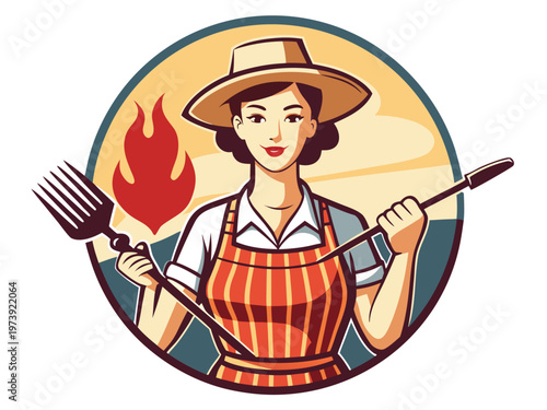 Cheerful farmer holding tools with a flaming torch in a vintage style illustration