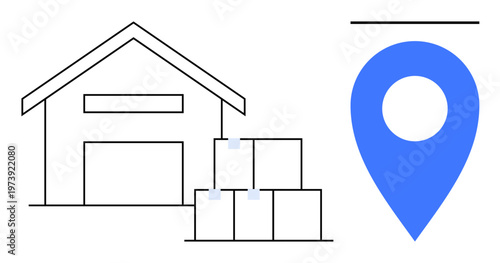 E-commerce, logistics, delivery management, supply chain, warehouse distribution, geolocation services. Outline of a warehouse with stacked boxes and a blue location pin. E-commerce and logistics