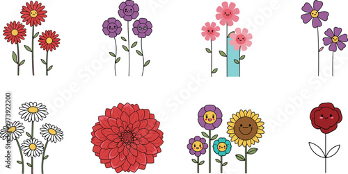Cute Flower Collection with Smiling Faces and Decorative Floral Elements Cartoon Plant Vector Set Isolated on White Background