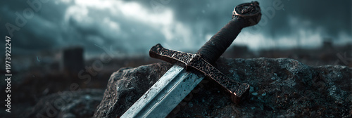 Ancient sword rests upon dark, mossy stone. Weathered handle shows signs of battle and time. Stormy skies loom above, adding drama to the scene. No people or animals are visible