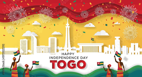 Happy Independence Day Togo with fireworks and people holding flags