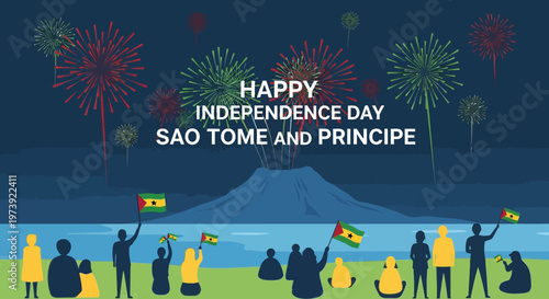 Happy Independence Day Sao Tome and Principe with fireworks and people celebrating