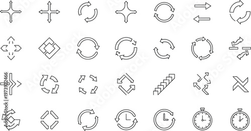 Vector Set of Arrows, Directions, and Circular Symbols for Navigation, Repeating Actions, and Flow for Digital Media and Websites
