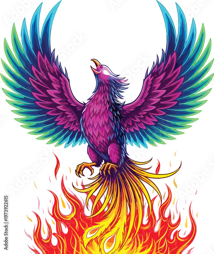 Vibrant Phoenix Rising from Flames with Colorful Wings for Digital Media, Websites, and Fantasy Design Sets
