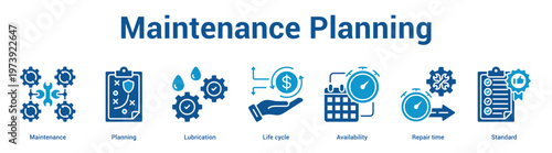 Maintenance Planning web banner icon set vector illustration concept for business with icon of Maintenance, Planning, Lubrication, Life cycle, Availability, Rep.