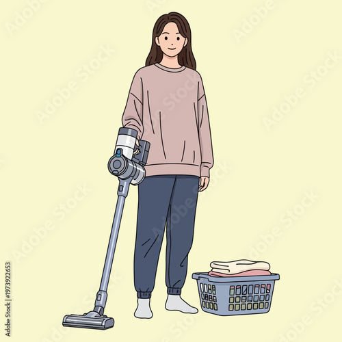 Woman vacuuming and laundry basket with clothes illustration.