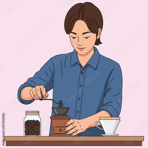 Young man grinding coffee beans with manual vintage grinder preparing fresh morning drink in kitchen.