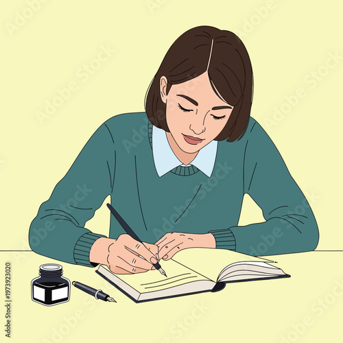 Woman writing in diary with fountain pen and ink on yellow background in casual clothes.