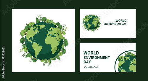World Environment Day vector illustration featuring a green Earth globe surrounded by trees and foliage, perfect for social media posts and banners.