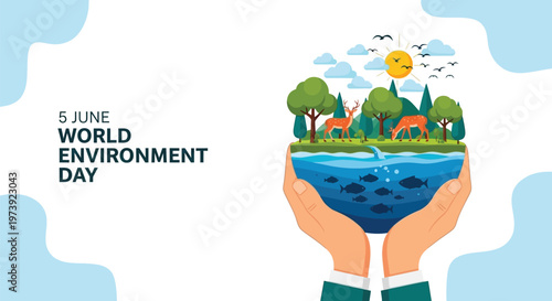World Environment Day Illustration Showing Hands Holding a Miniature Ecosystem with Deer and Fish