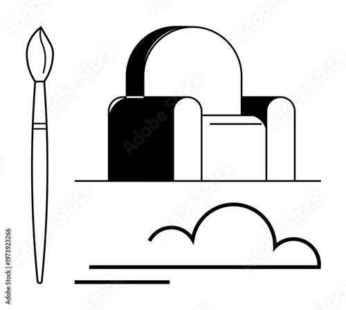 Artistic creativity, design concepts, architecture, painting tools, minimalism, modern art. Paintbrush, abstract architectural shape and cloud outline. Creativity and design concepts theme
