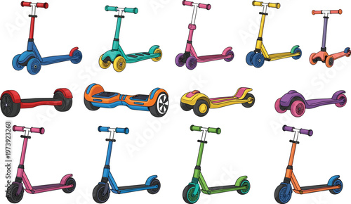 Electric Scooter Collection with Different Colors and Styles Urban Transport Ride Vector Set Isolated on White Background