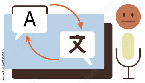 Language learning, communication tools, speech-to-text, translation technology, multilingual support, global connection. Symbols of arrows, speech bubbles and microphone. Language learning