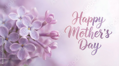 Happy Mother's Day text with soft purple lilac flowers and bokeh background