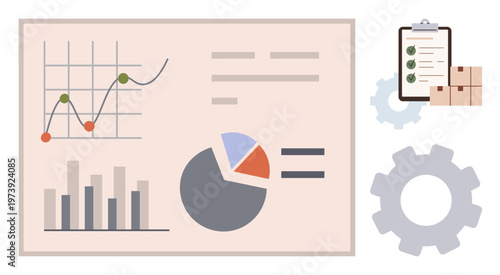 Business analytics, logistics, supply chain management, productivity, progress tracking, presentation tools. Graphs, pie charts clipboard boxes and gears. Business analytics and logistics concepts