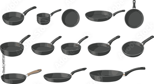 Hand Drawn Frying Pan Collection with Different Shapes and Angles Kitchen Cookware Sketch Vector Set Isolated on White Background
