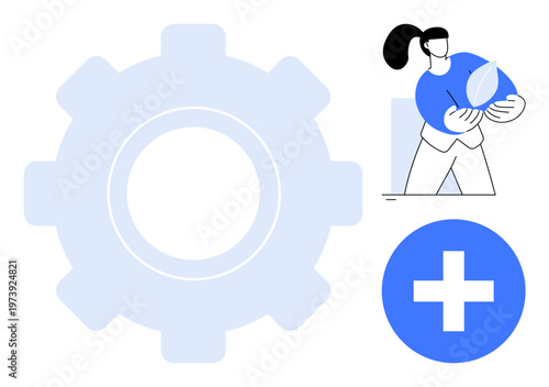 Technology, innovation, sustainability, health, eco-friendly solutions, development. Abstract gear, person holding a leaf and medical cross. Technology and sustainability concept