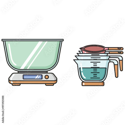 Kitchen scale and measuring cups with spoons, baking tools illustration.