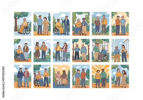 Collection of illustrations depicting elderly people in daily life