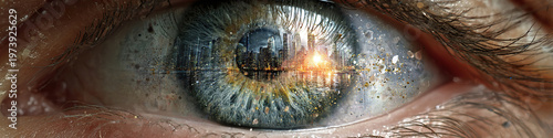 Close-up eye holds cosmic wonder. Glowing particles swirl in irises, alive with mystery. Real human eye, detailed, vivid, deeply expressive. Emotion suggests awe, curiosity, or inner revelation