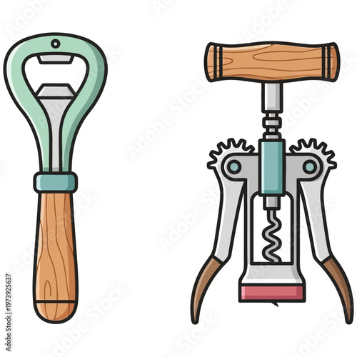 Bottle opener and winged corkscrew with wooden handle and metal gears for wine service illustration.