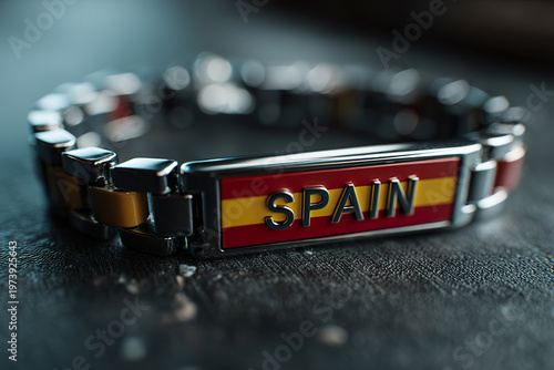 Metal bracelet with Spain flag colors and engraved word. Dark surface highlights metallic shine and bold design. Sturdy, sleek chain fits modern or patriotic themes. Ideal for travel, national pride