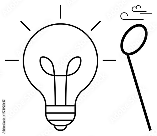 Ideas, innovation, creativity, fragility, energy, design concepts. A light bulb paired with a soap bubble and wind elements. Innovation and creativity through distinct visual metaphors